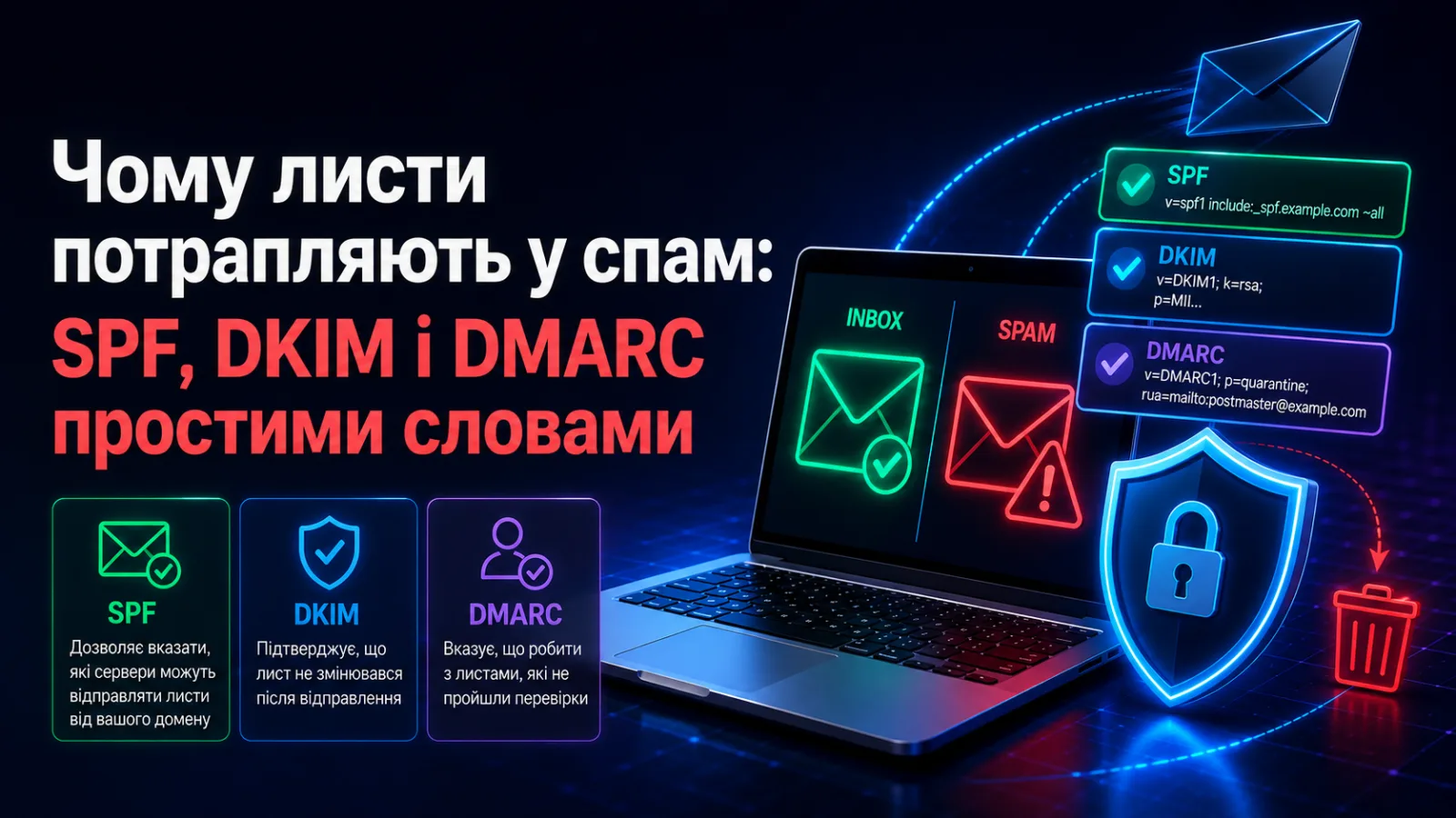 Чому листи потрапляють у спам: SPF, DKIM і DMARC простими словами